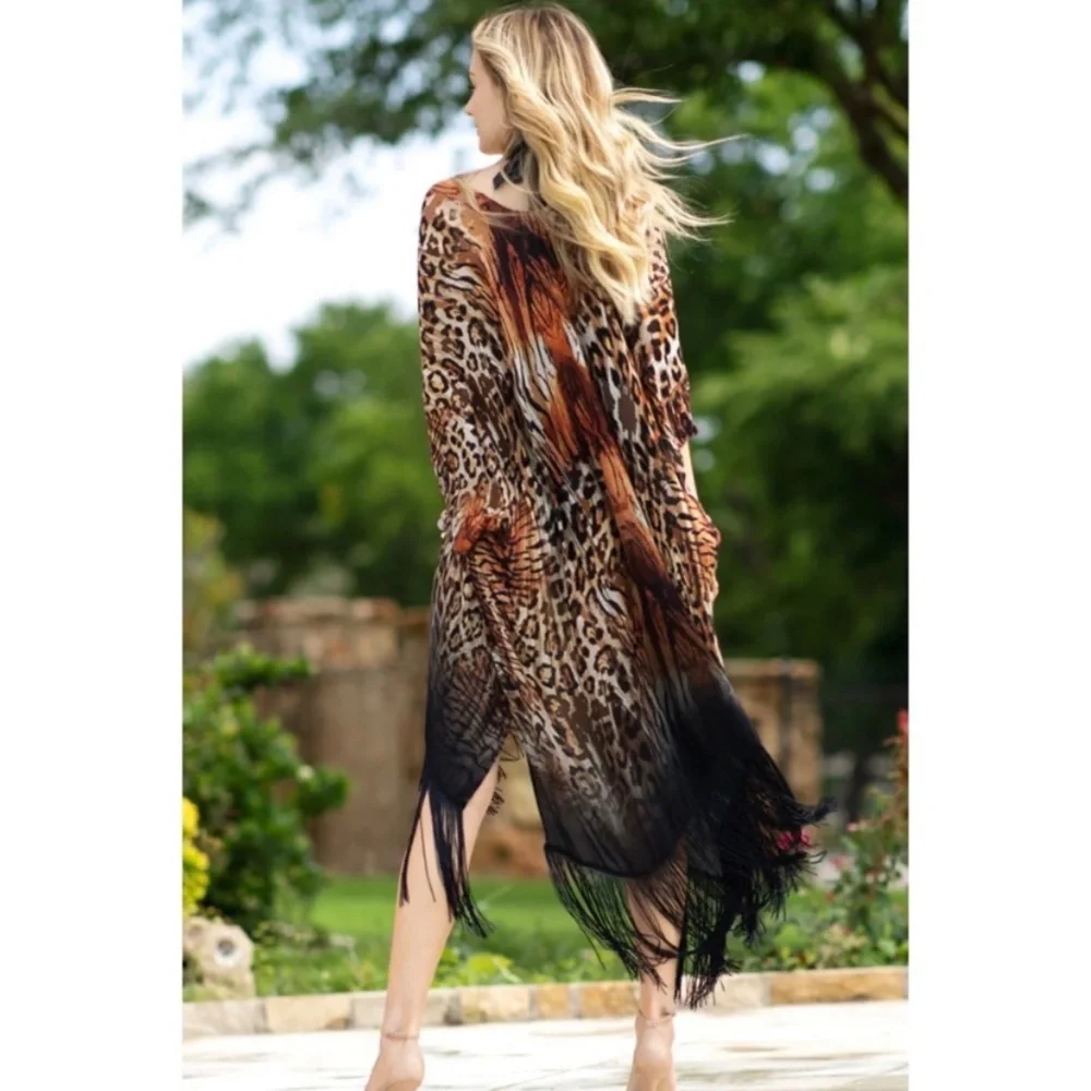 🌺LAST1️⃣🌺New Beautiful Flowy Leopard Print Fringe Open Style Kimono - Picture 4 of 9